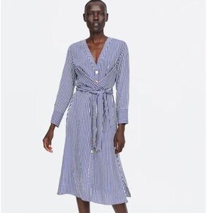 Zara Coastal Nautical Striped Midi Dress Tie Waist Spring Summer Size M NWT